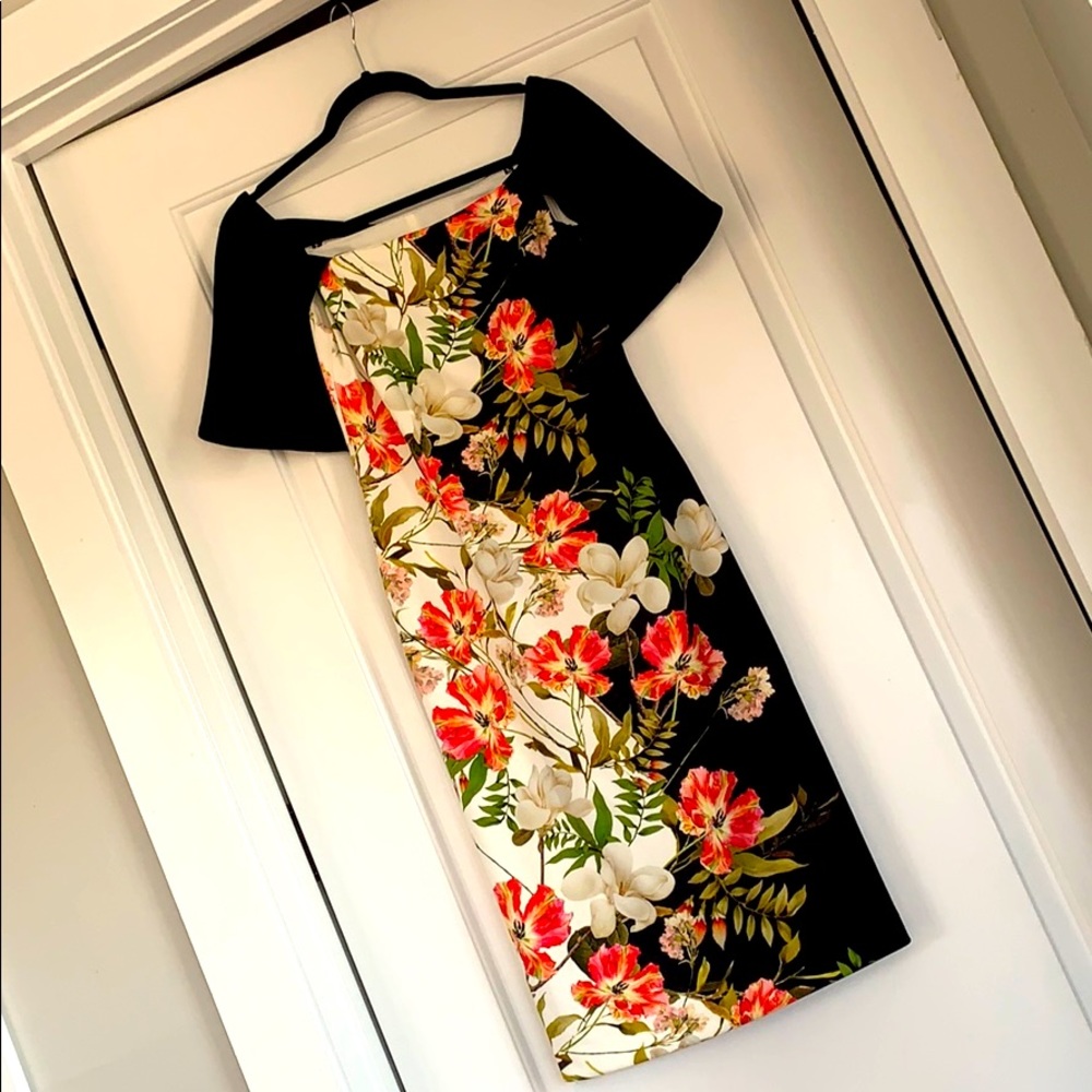 JOSEPH RIBKOFF Black & White Floral Sheath Dress